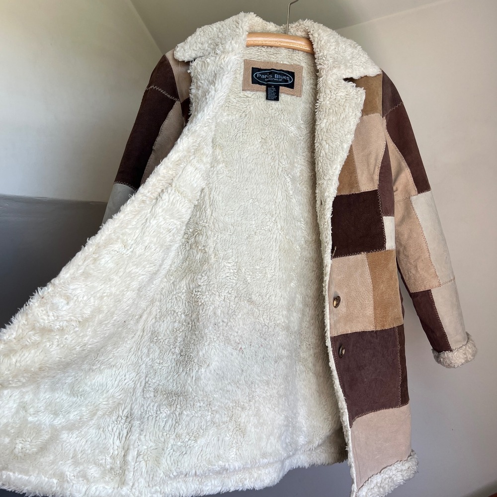 Vintage 90s Patchwork Suede Leather Jacket Trench Coat Brown Boho Penny Lane - Picture 3 of 9